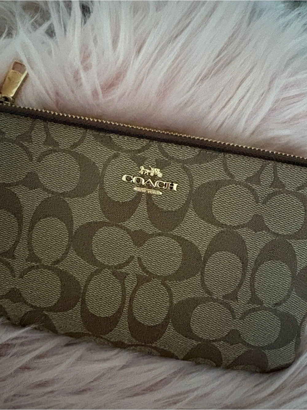 Coach Brown Signature Canvas Zip Wristlet with Gold Logo